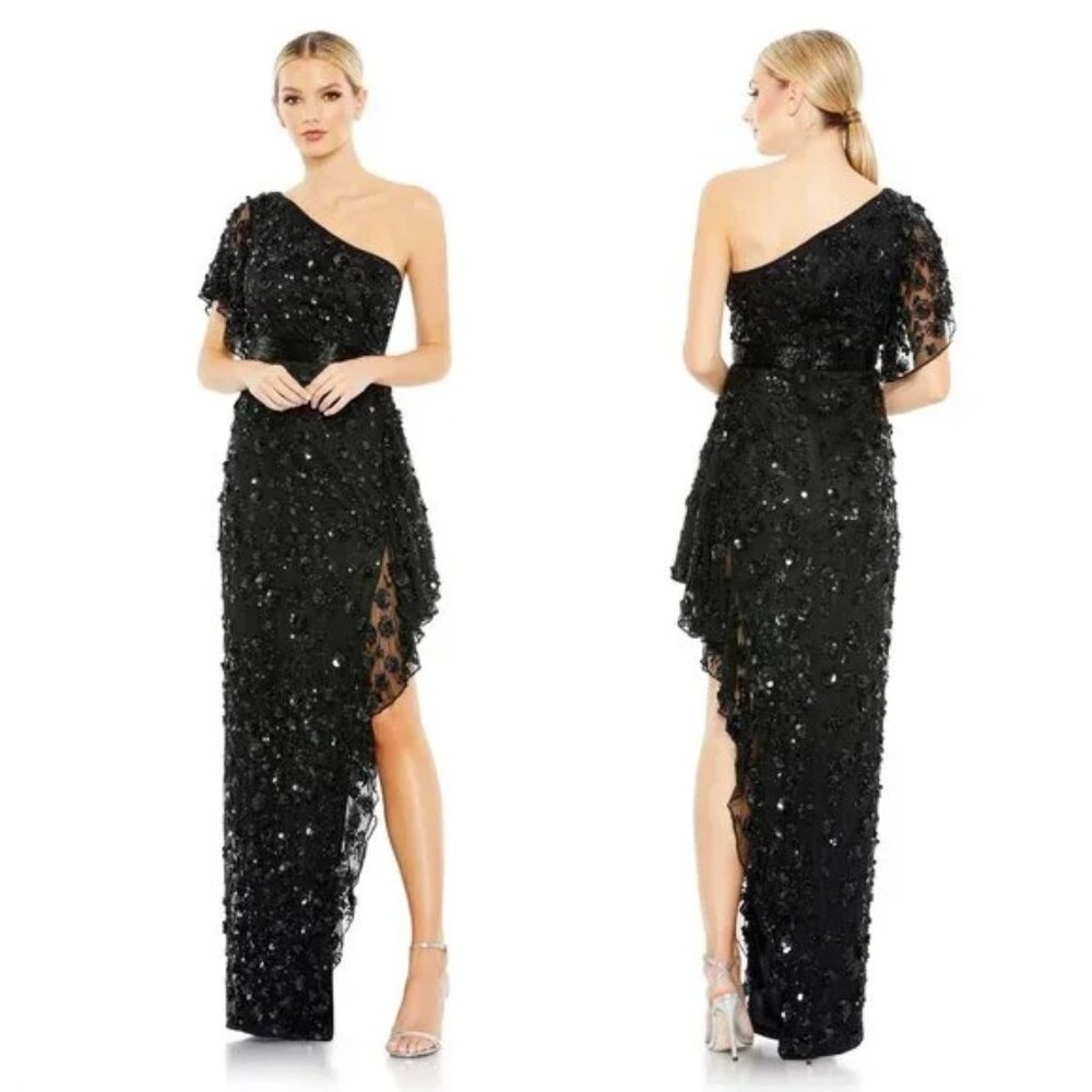 Mac Duggal Sz 4 Black One Shoulder Asymmetrical Beaded Sequin Dress 93687 NWT